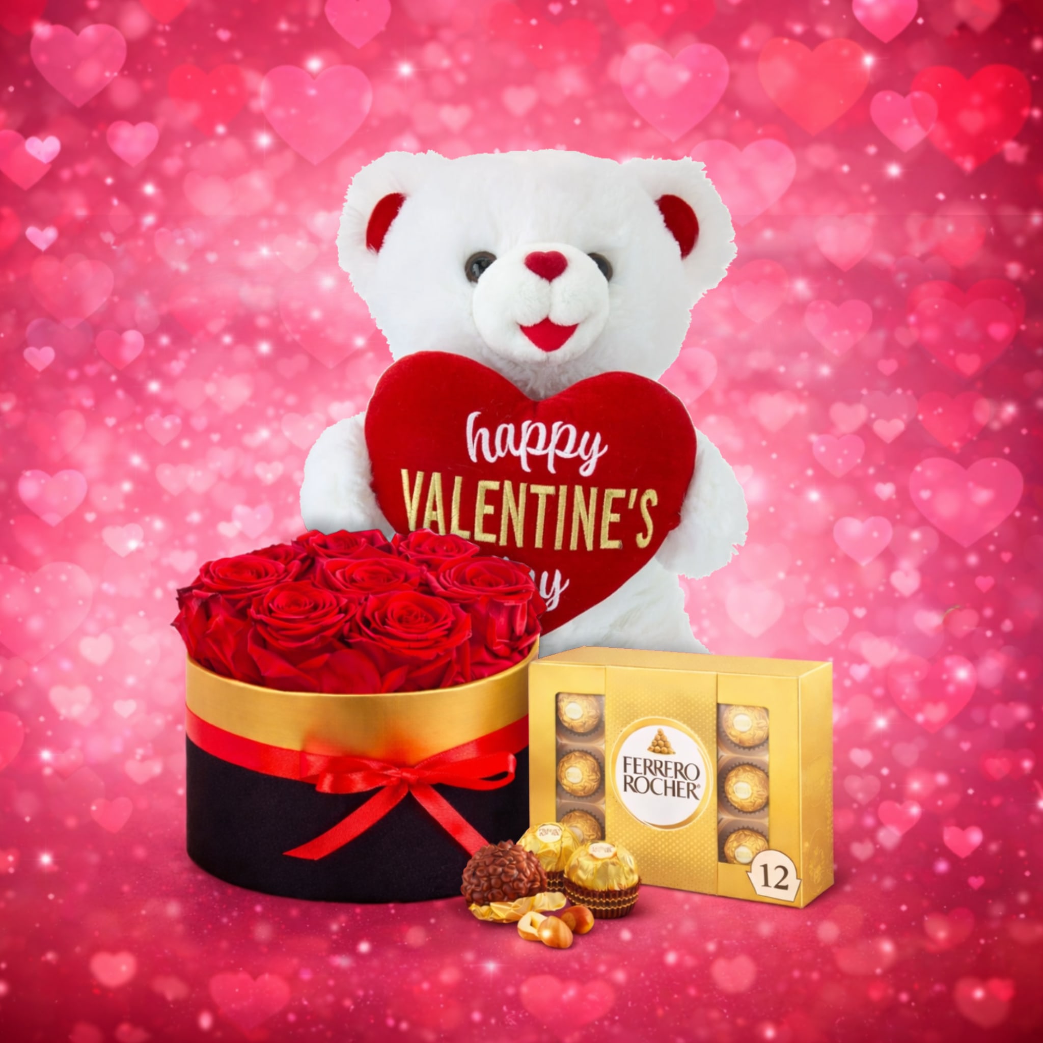 White teddy bear holding a heart with roses and chocolates on a pink heart background