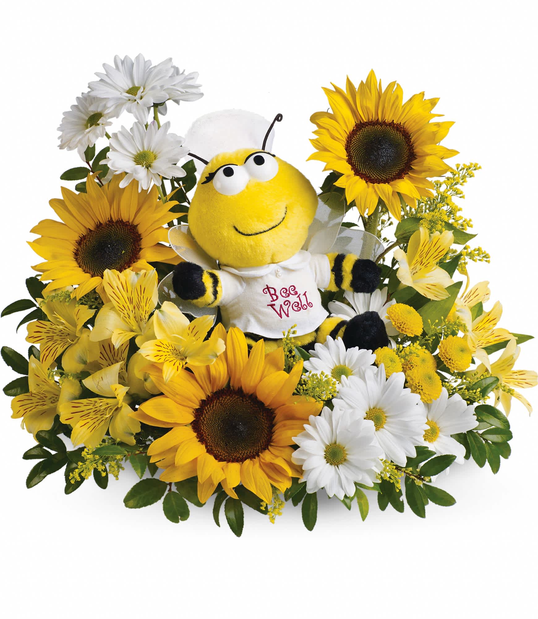 Bee Well Bouquet - We have just the cure for what ails them. A plush nurse bee is ready to buzz into service with enough fresh flowers to make anyone perk up.