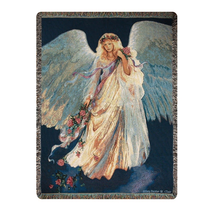 Woven throw blanket featuring a large angel with wings and a floral garland on a dark blue background