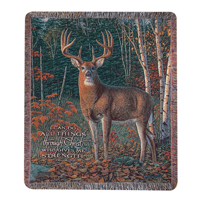 Woven throw blanket with a deer in an autumn forest and inspirational Bible verse text.