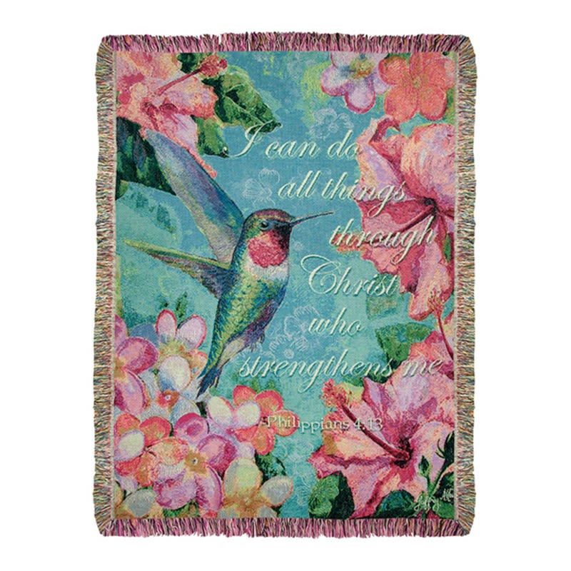 Inspirational throw blanket with hummingbird, pink flowers, and Philippians 4:13 verse