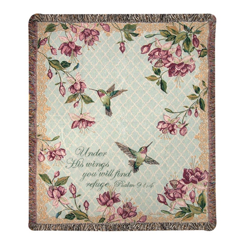 Light blue woven throw blanket with pink floral border, hummingbirds, and Psalm 91:4 text.