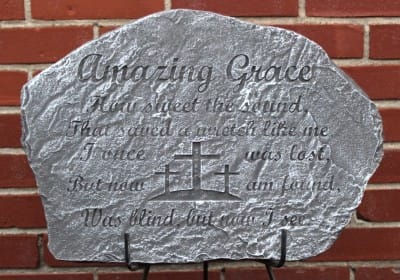Statue and Stones Amazing Grace Stepping Stone cement - Color of stone may vary based on availability. Stone reads "Amazing grace how sweet the sound that saved a wretch like me. I one was lost but now I'm found, was blind but now I see."  Please note pictures are representation of product. Actual silk enhancement will vary based on season and availability.