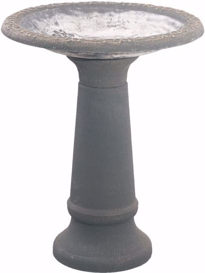 Gray stone birdbath pedestal on a white background