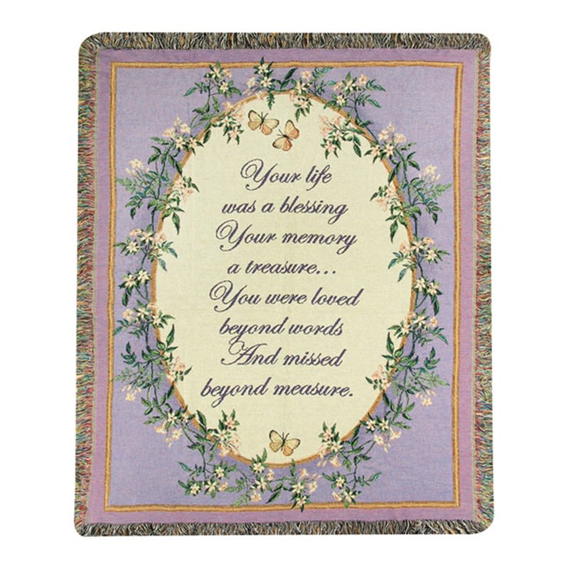 Lavender and cream memorial throw blanket with floral border, butterflies, and a sympathy verse in script text.