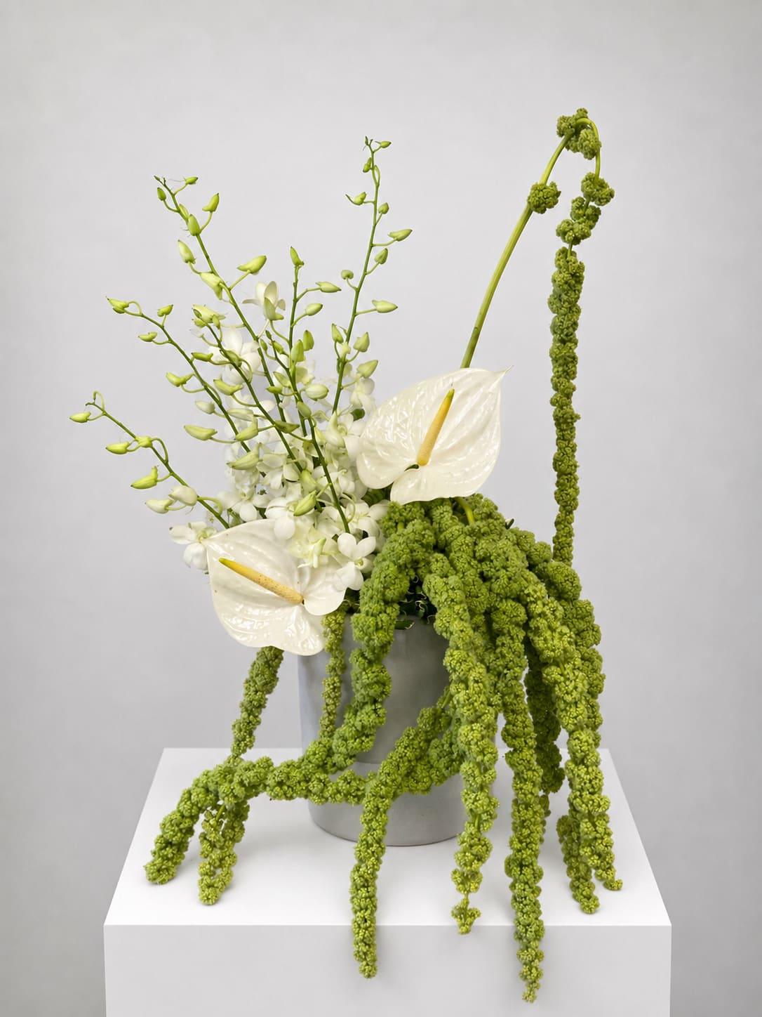White anthuriums and orchids in a gray vase with cascading green blooms