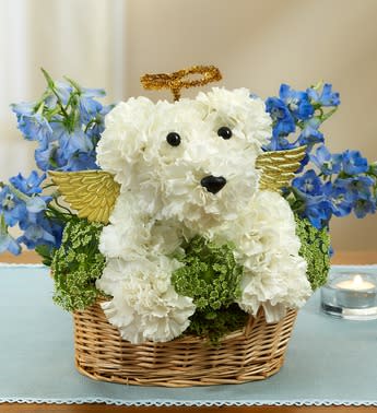 White flower dog in a wicker basket with blue flowers and gold wings