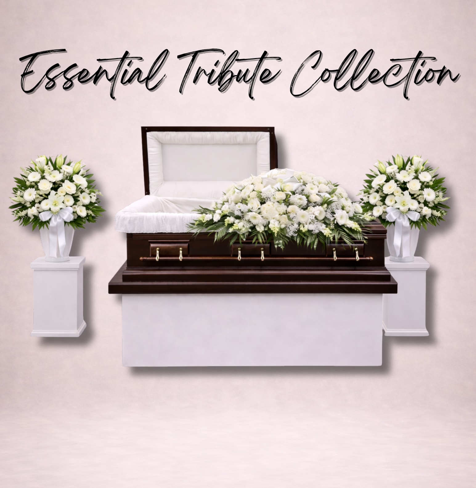 White funeral casket with matching white floral sprays on pedestals