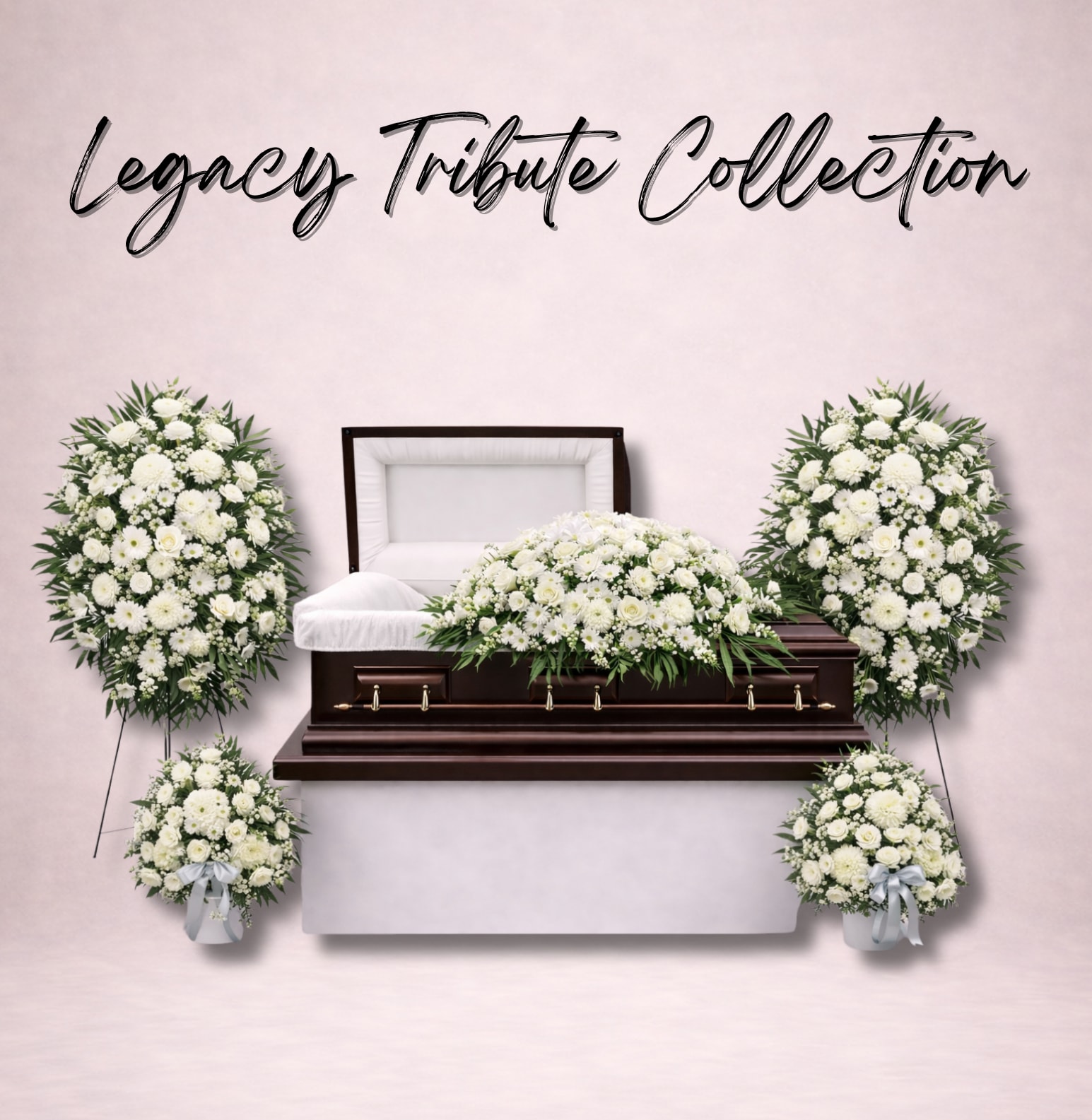 White funeral casket surrounded by white floral sprays