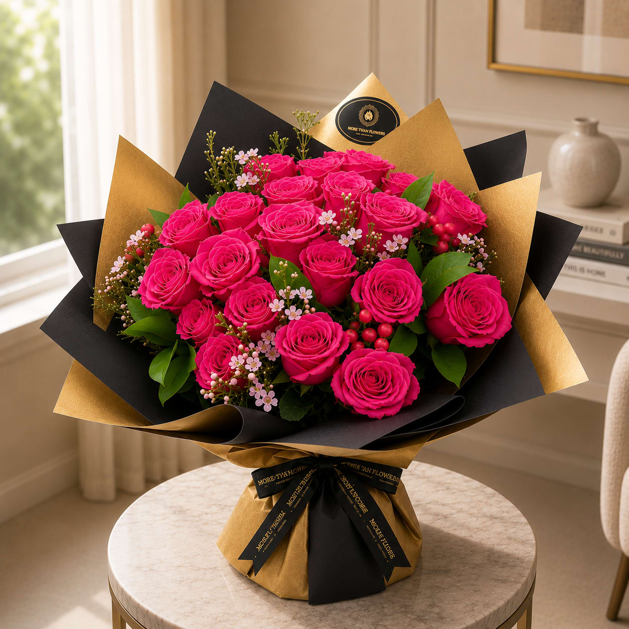 2 Dozen Handheld Bouquet - Hot Pink - 2 Dozen Beauty Handheld Bouquet, Round Style: 2 dozen hand picked roses, wax, alstros, and greens nicely wrapped eurostyle accented with a ribbon. Quick and easy flower gift. (NO VASE INCLUDED)