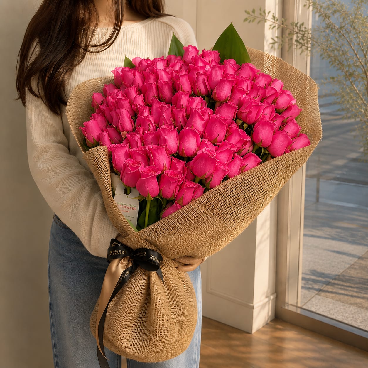 100 Roses Burlap Handheld Bouquet - Hot Pink - 100 Roses Burlap, Handheld Bouquet