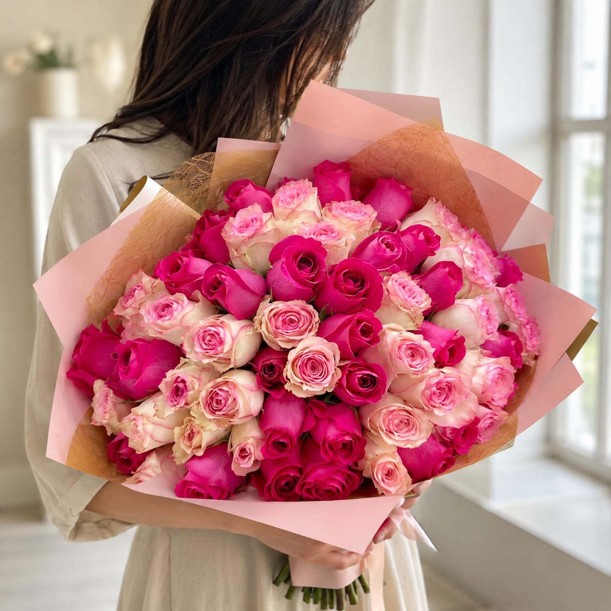 Large bouquet of pink and cream roses wrapped in pink paper