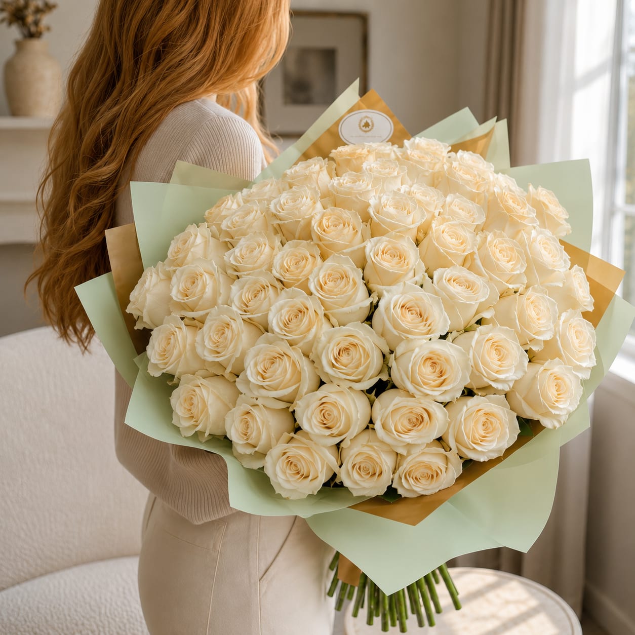 Large bouquet of cream roses wrapped in pale green and gold paper