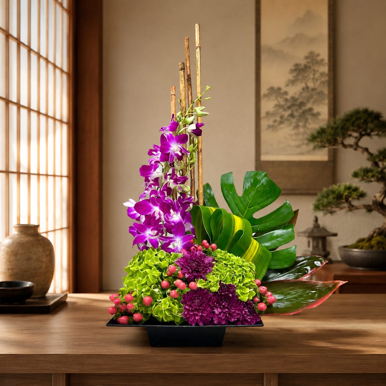 Purple orchids and green hydrangeas arranged in a black vase