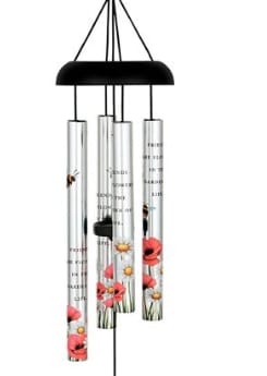 Wind chime "Friends" - These aluminum 21" wind chimes with a bee and flower design feature the saying "Friends are flowers in the garden of life" on UV printed tubes (3/4" diameter). Adjustable striker. 