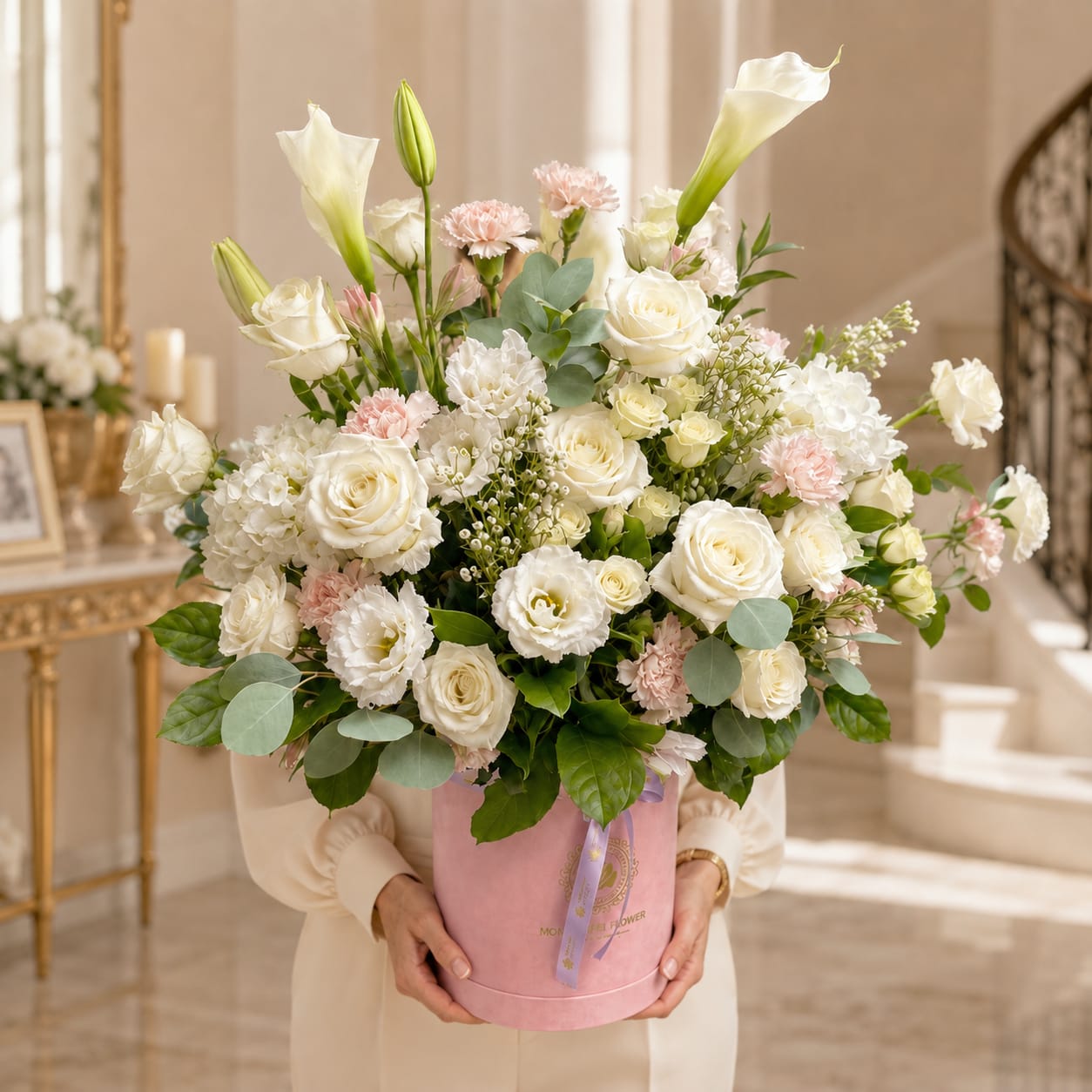 Large bouquet of white roses, lilies, and pink carnations in a pink box