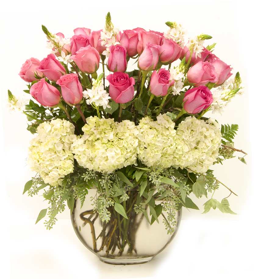 Enduring Devotion (DL) - The design features two dozen beautiful pink Roses surrounded by white Hydrangeas and other seasonal flowers expertly arranged in a clear glass cube or bubble bowl. This elegant design makes a stunning arrangement for any occasion.  Approx 24"- 30" H  