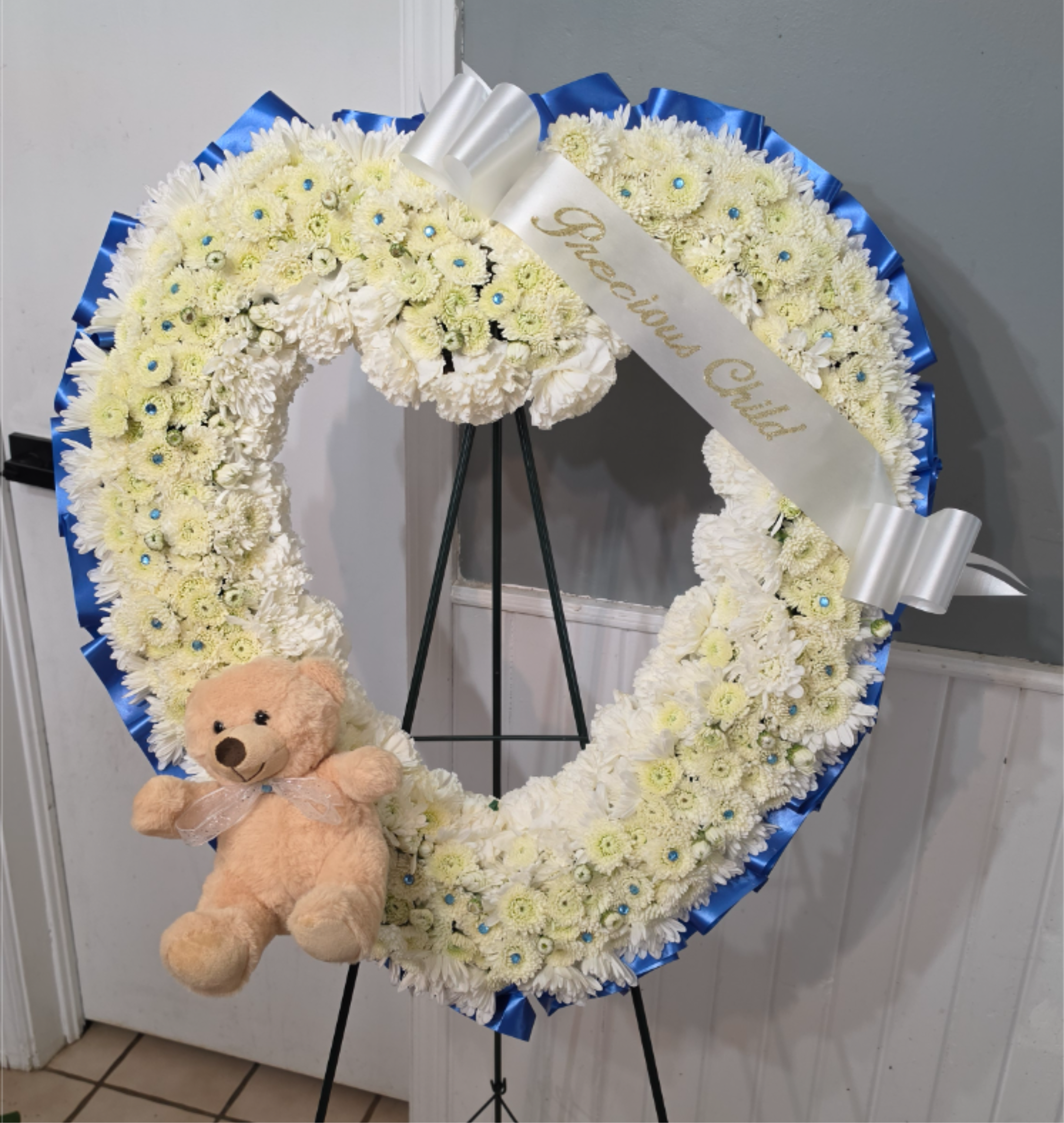 Precious Child - Teddy bears heart wreath with blue satin ribbon. 