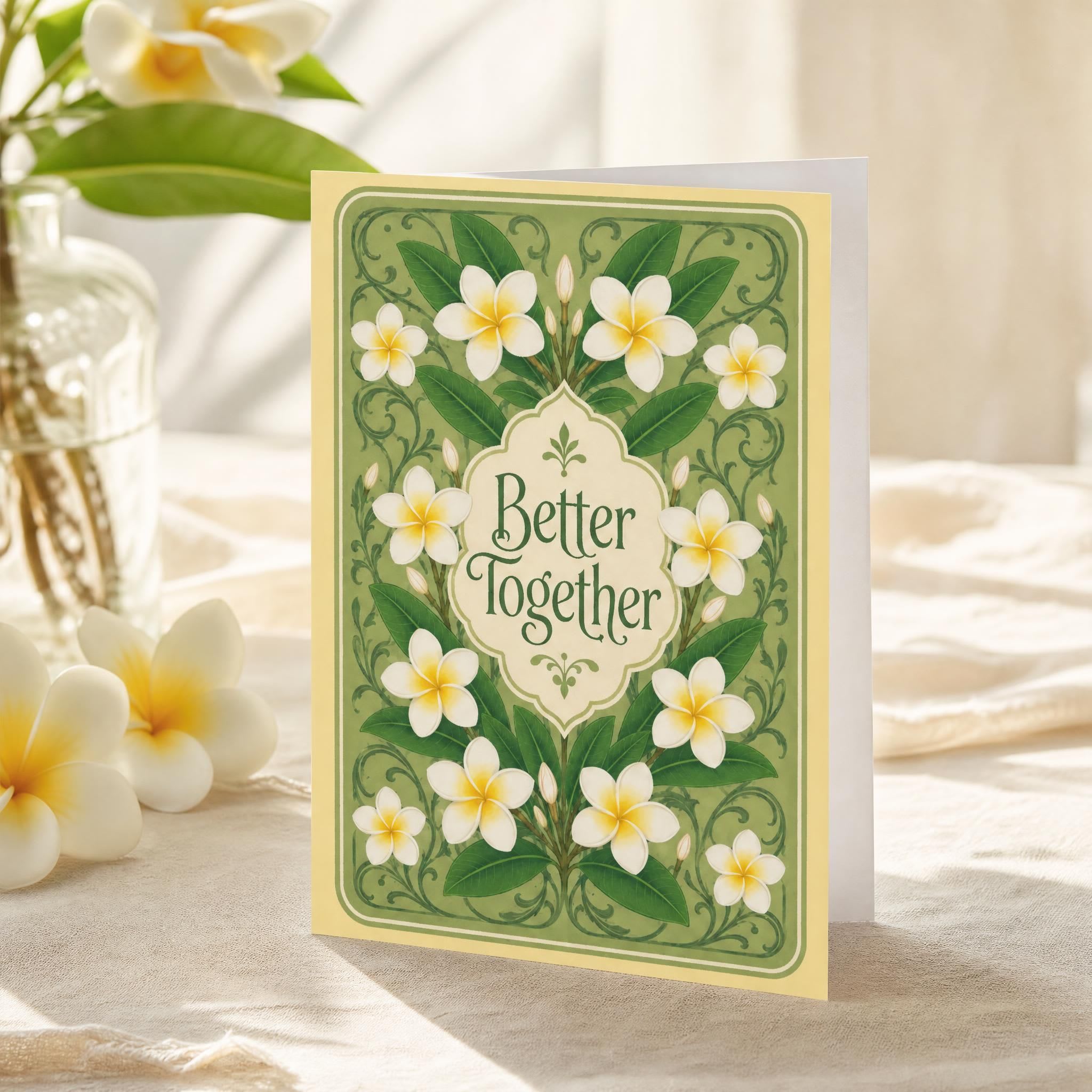 Greeting card with white and yellow flowers and the words Better Together