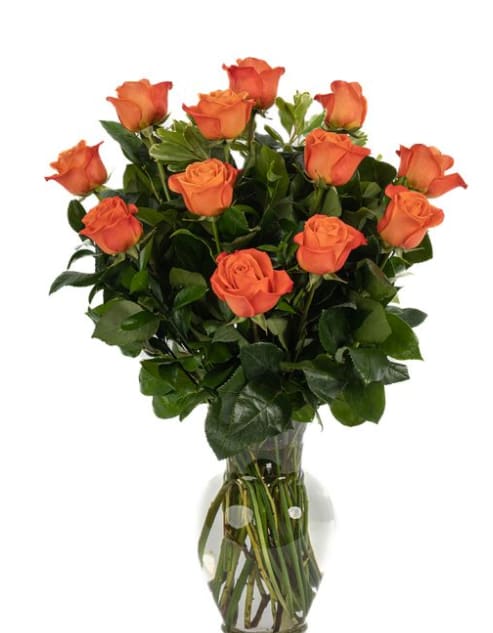Orange roses arranged in a clear glass vase