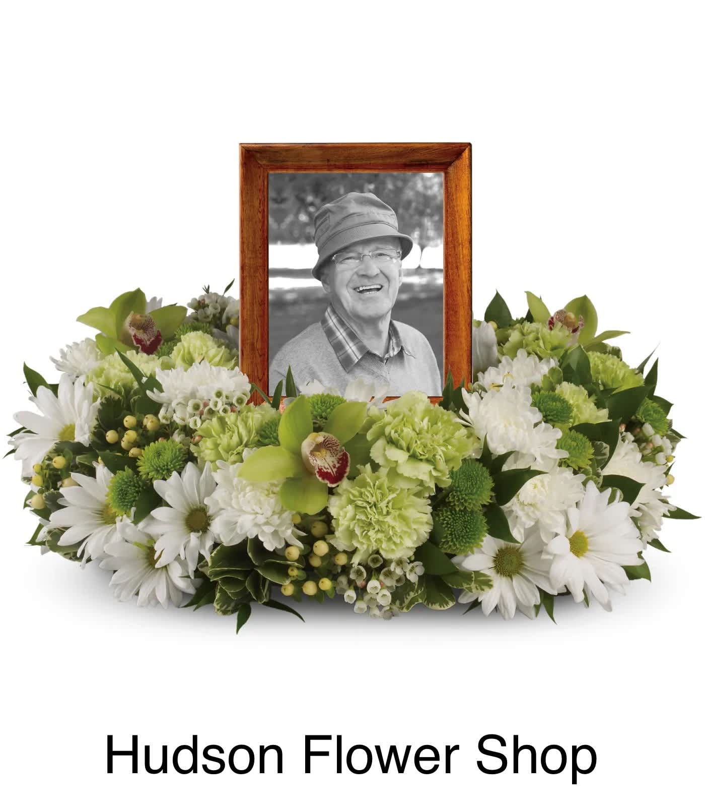 Sympathy floral frame with a photo in the center and white and green flowers around it