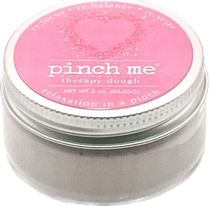 Pink jar of therapy dough with a heart label