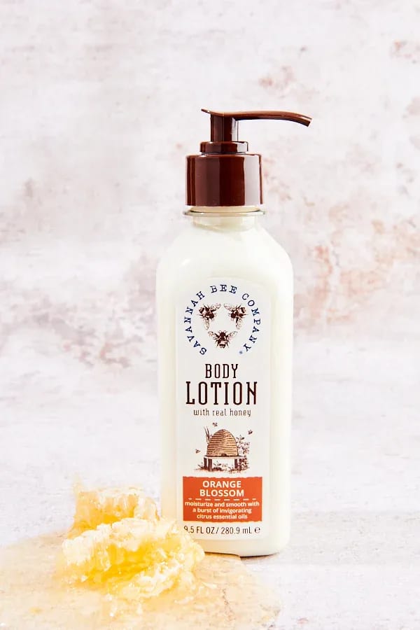 Bottle of orange blossom body lotion with a pump dispenser