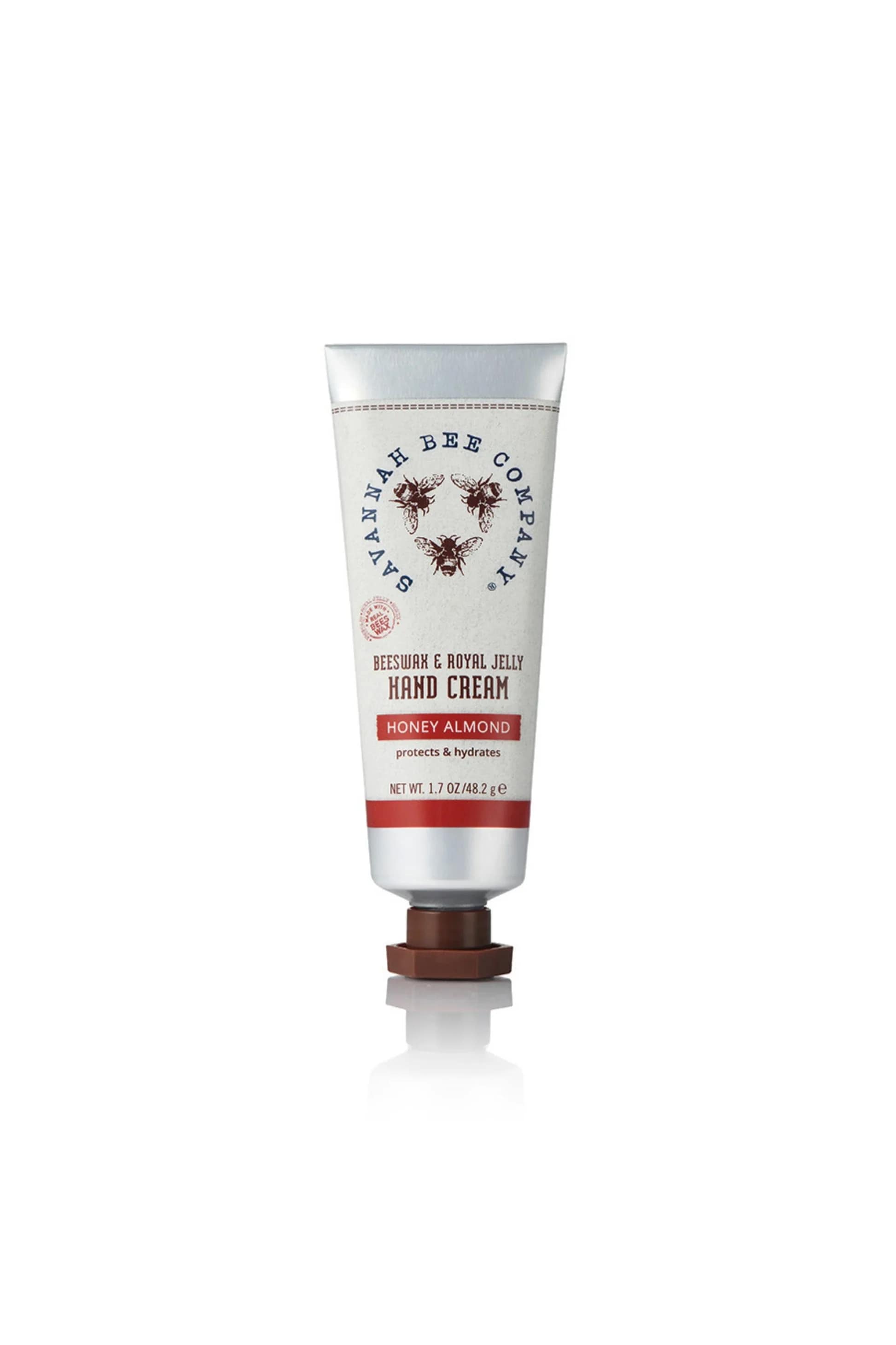 Tube of hand cream with bee graphics and a brown cap