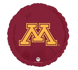Maroon round balloon with a gold "M" logo