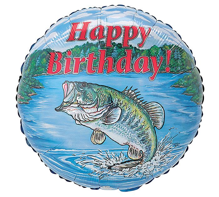 Round birthday balloon with a jumping fish and lake scene