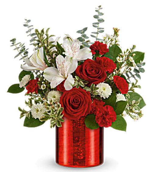 Crimson Crush - DESCRIPTION VASE SIZES Everyone's crushing on this stunning Valentine's Day gift! Bursting with classic red roses and snow white blooms, this shimmering glass vase with crimson metallic finish is sure to make her heart flutter. Red roses, white alstroemeria, minature red carnations, white button spray chrysanthemums and white waxflower are arranged with spiral eucalyptus, pitta negra and lemon leaf. Delivered in Teleflora's Moonstruck Mercury cylinder while supplies last. Standard Version Shown