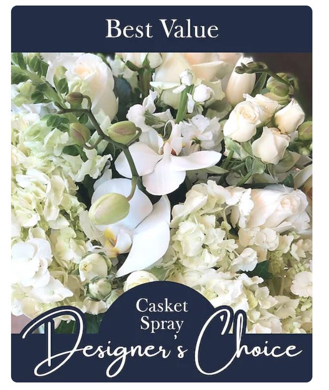 White casket spray with roses, orchids, and hydrangeas