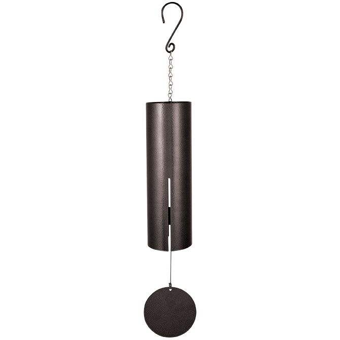 Tall cylindrical metal wind chime with chain hanger and round wind catcher