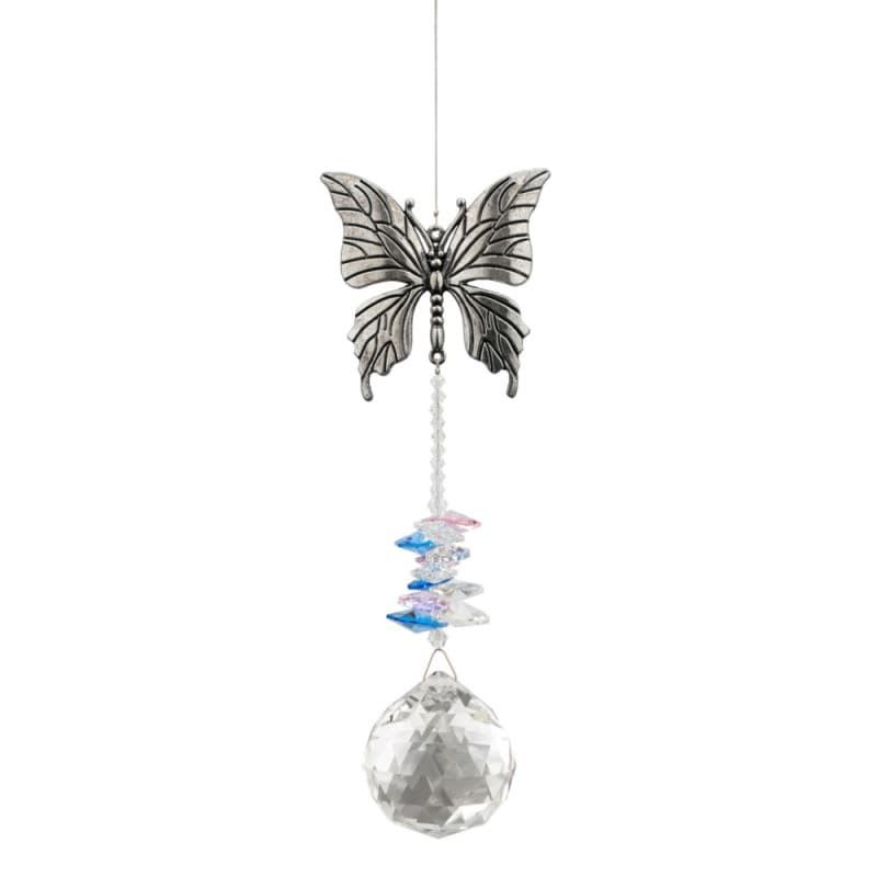 Hanging butterfly suncatcher with silver butterfly, crystal beads, and a faceted clear crystal ball.
