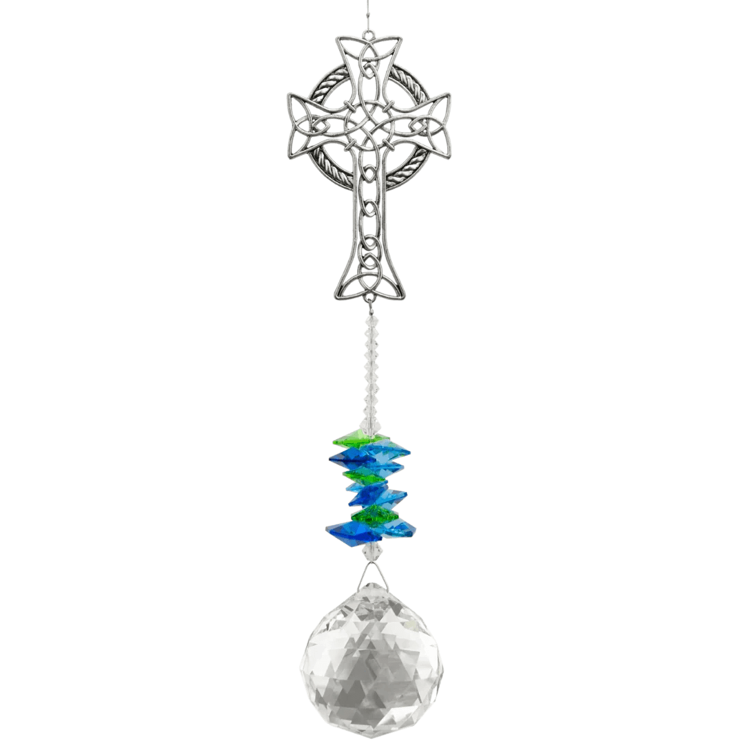 Hanging Celtic cross ornament with blue-green beads and a faceted clear crystal ball