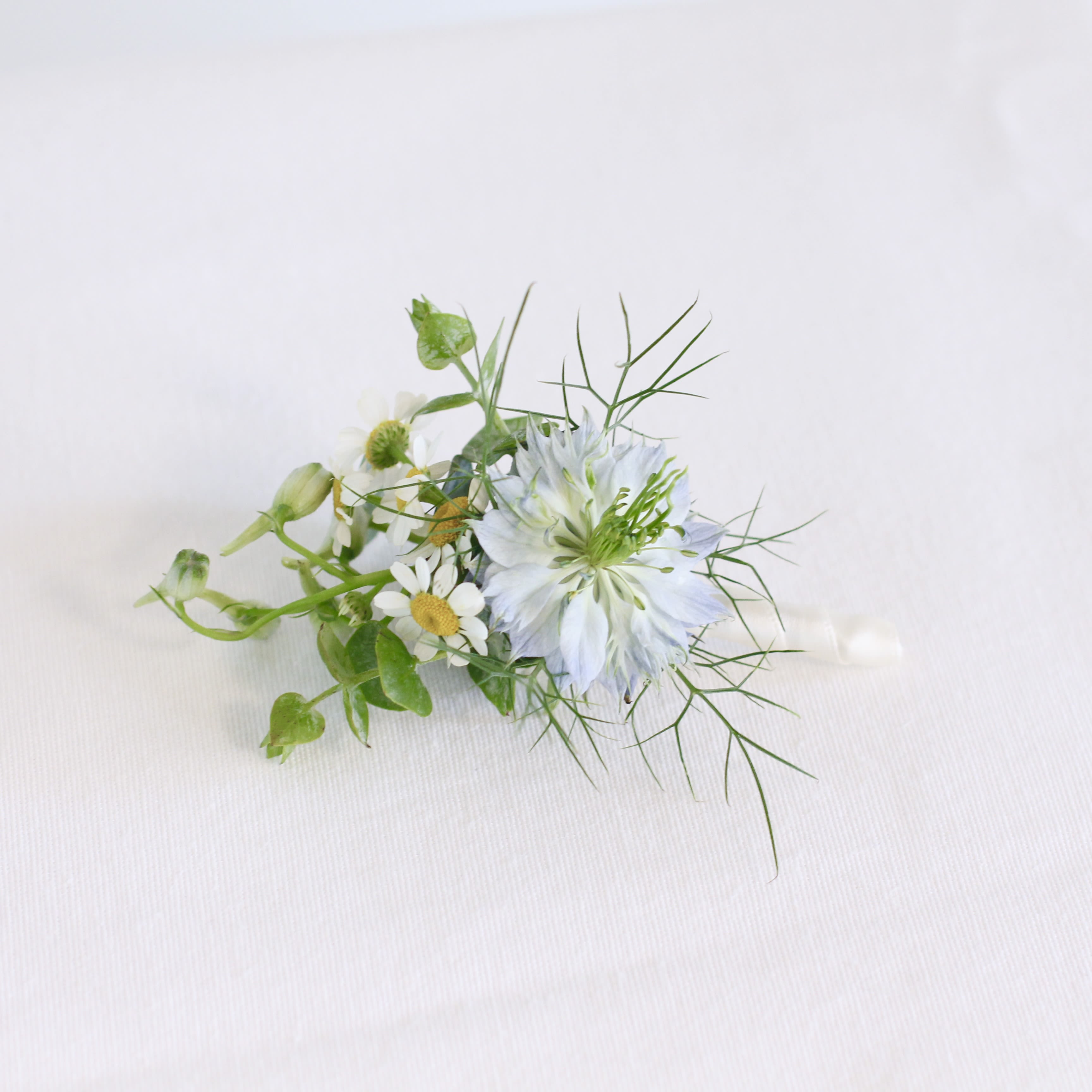 Small white flower boutonniere with green accents