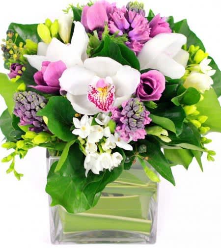 Compact bouquet of white orchids and purple flowers in a square glass vase lined with broad green leaves