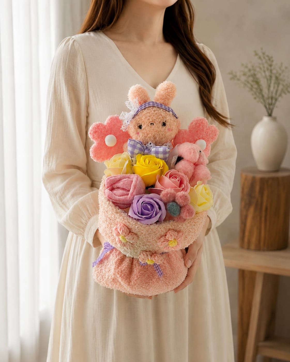 Woman holding a pastel bouquet with a plush bunny and roses
