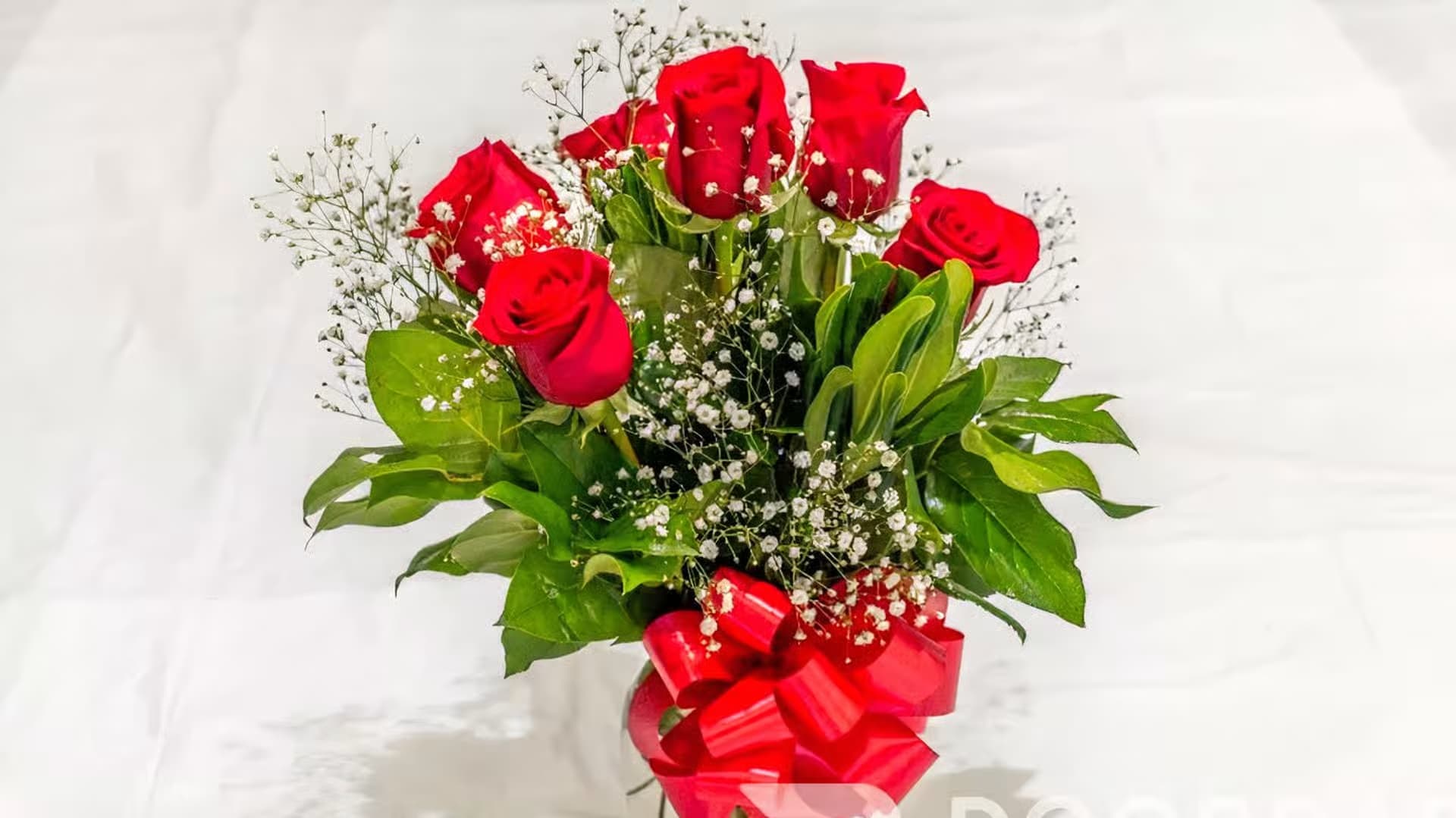 6 ROSES IN A VASE - 6 RED ROSES IN A VASE BOW INCLUDED GREENERY  TINGE OF BABYBREATH