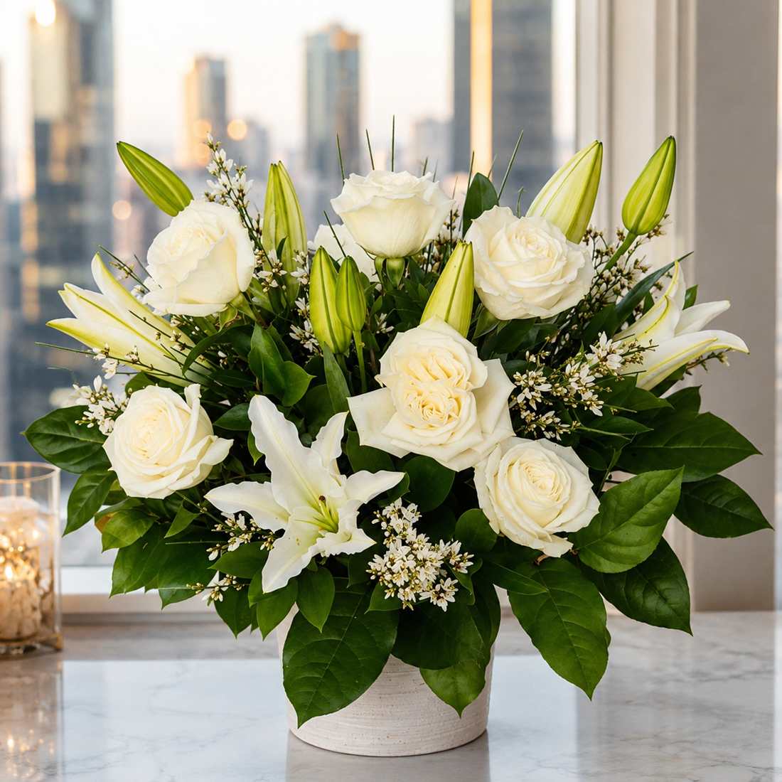 White roses and lilies arranged in a white vase