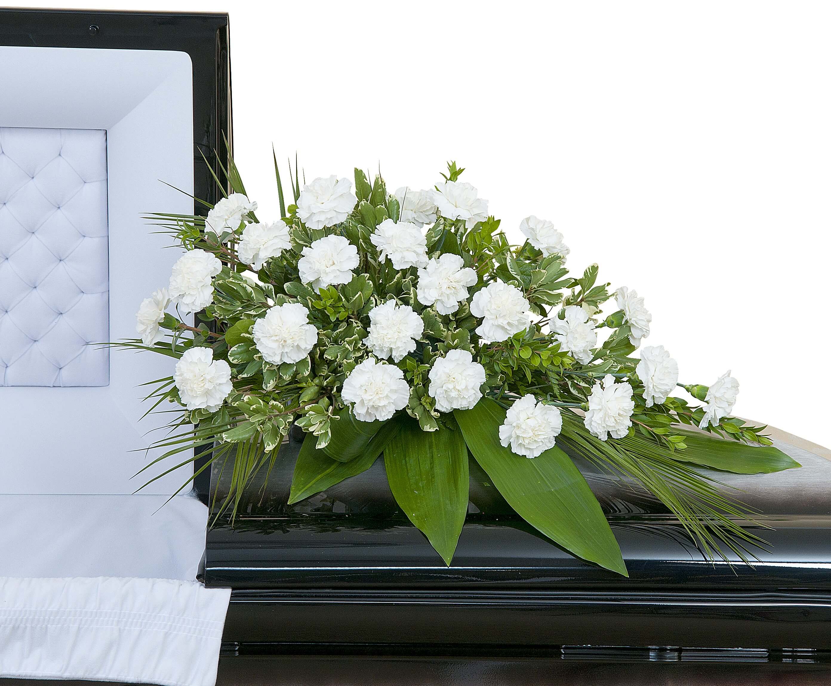 Simple Love Casket Spray  - White Carnation casket spray with assorted foliage.