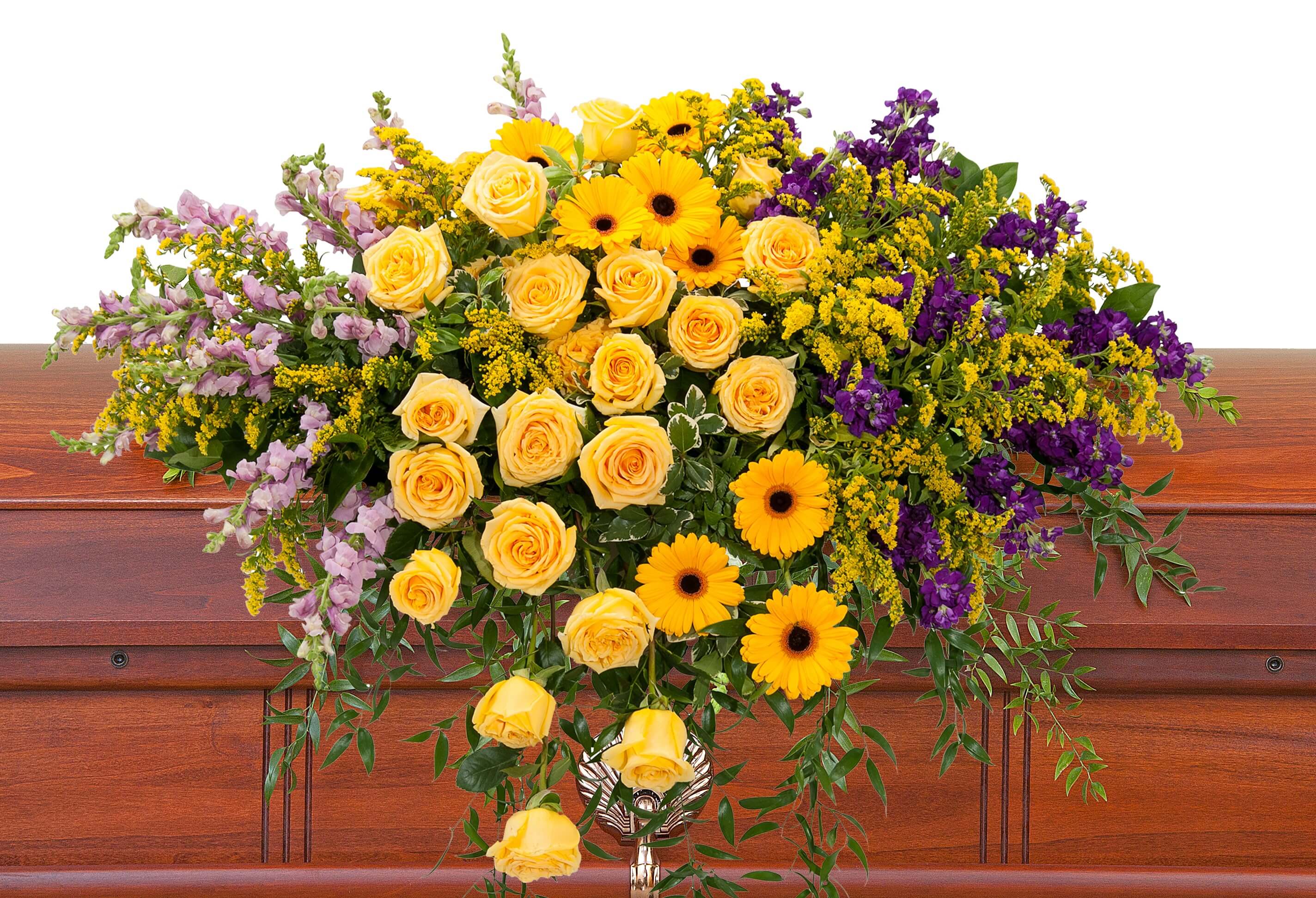 Vivid Memories Casket Spray - Bright, vivid yellow and purple flowers create a memorable casket spray.