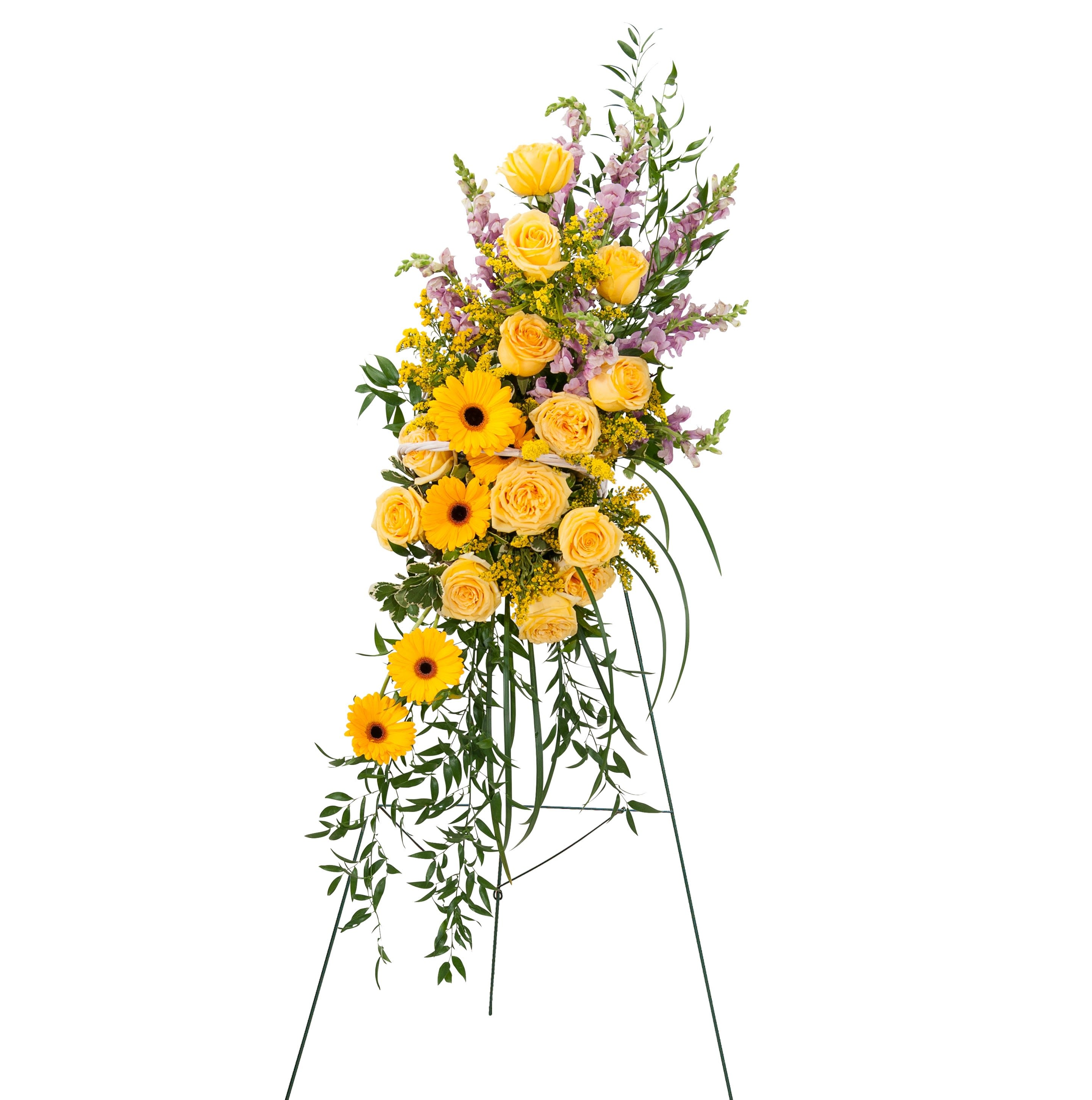 Vivid Memories Standing Spray  - This standing spray of yellow and lavender blooms is flowing out of a beautiful basket.