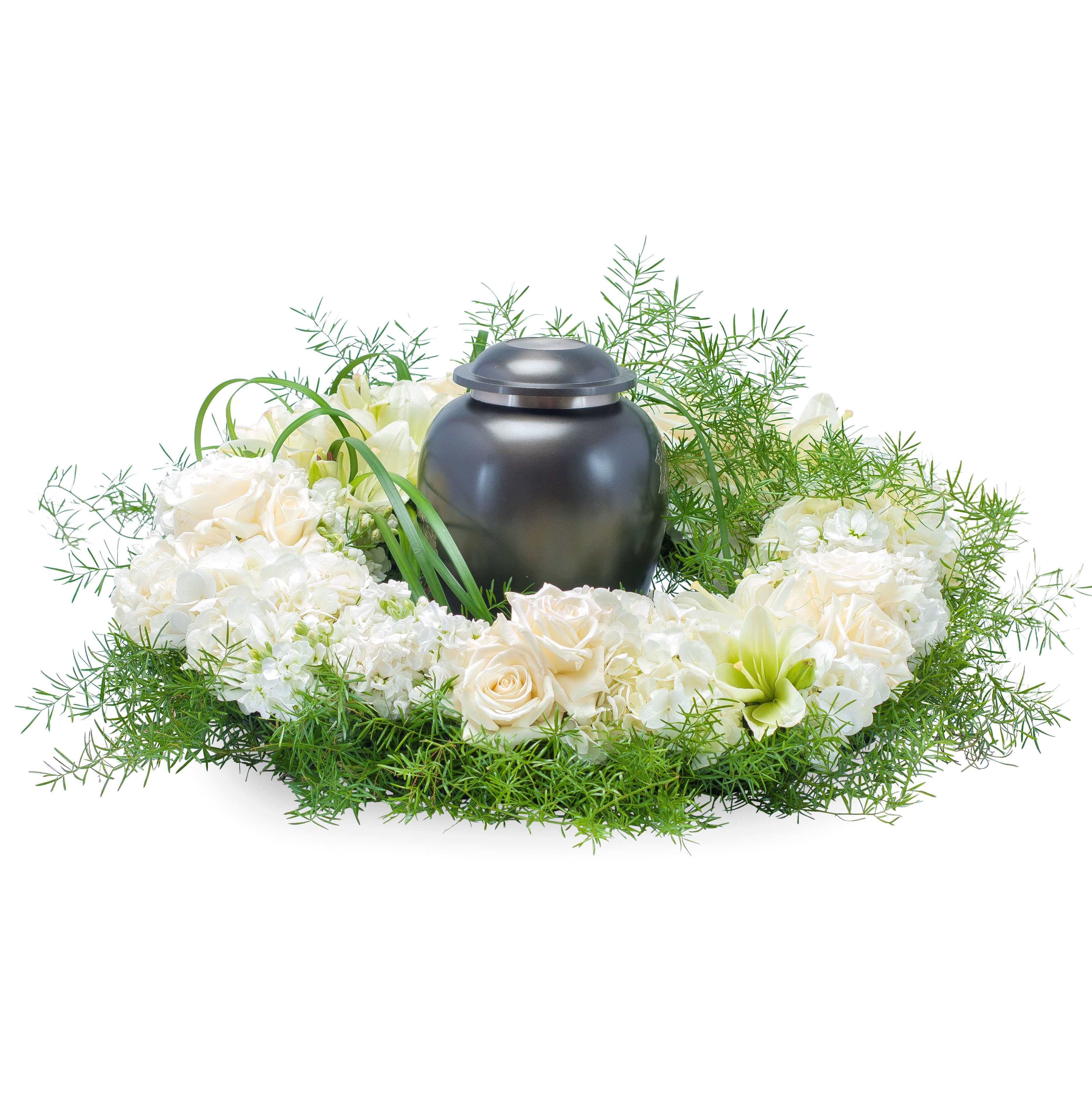 Serenity Surround - White and cream blooms surround the urn of your loved one.