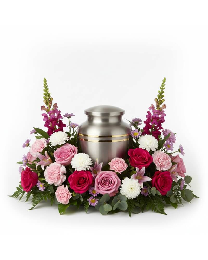 Eternal Grace Urn Surround - A tender and dignified tribute designed to encircle a cremation urn with love and light. This low-profile arrangement features a lush blend of premium roses, delicate carnations, and architectural snapdragons.