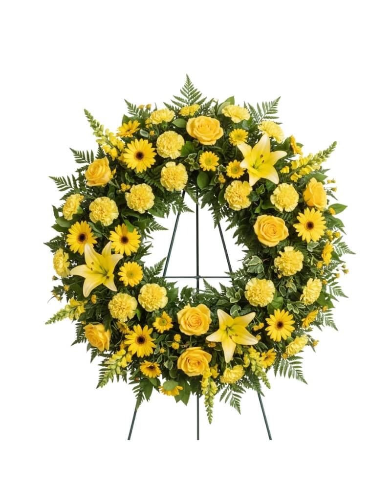 Eternal Sunshine Wreath  - A classic circular tribute representing the eternal cycle of life and love. The dense layering of yellow blooms creates a continuous ring of warmth and comfort for family and friends.