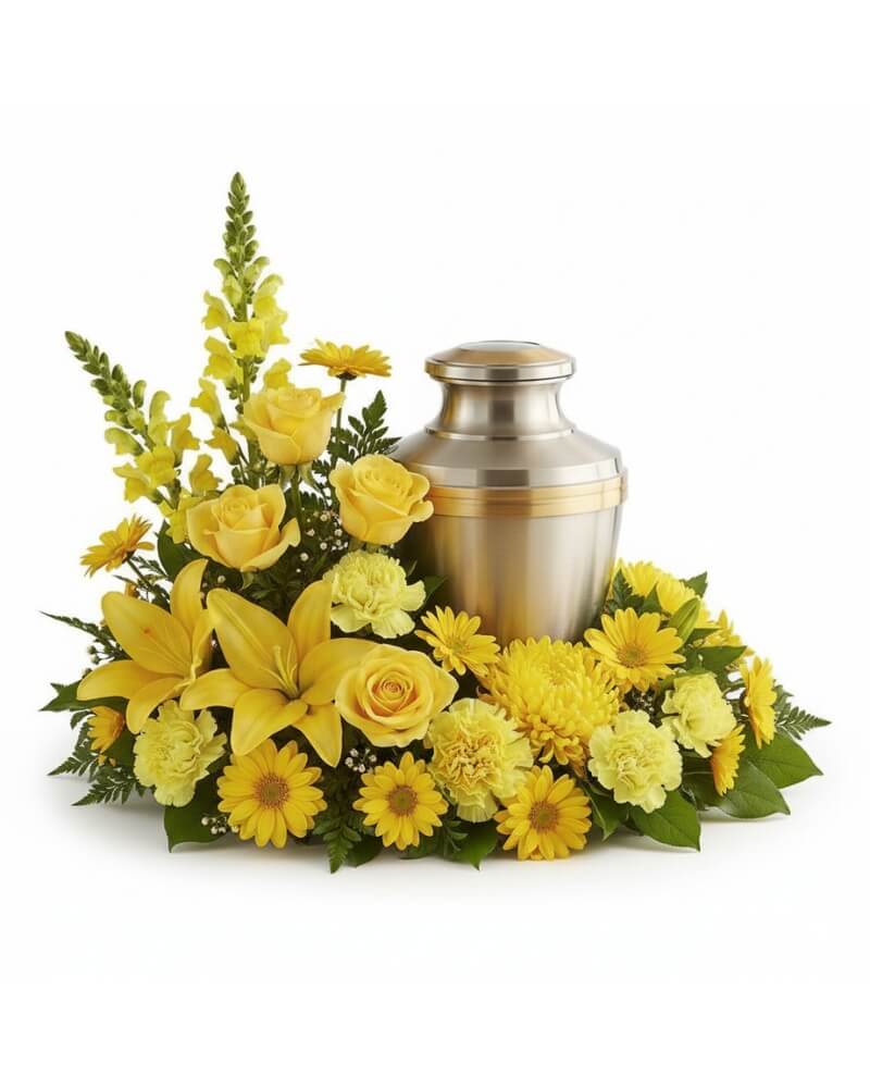 Eternal Sunshine Urn Surround  - A gentle and intimate arrangement designed to embrace a cremation urn. The low-profile design provides a soft, floral meadow that honors a loved one's remains with grace and light.