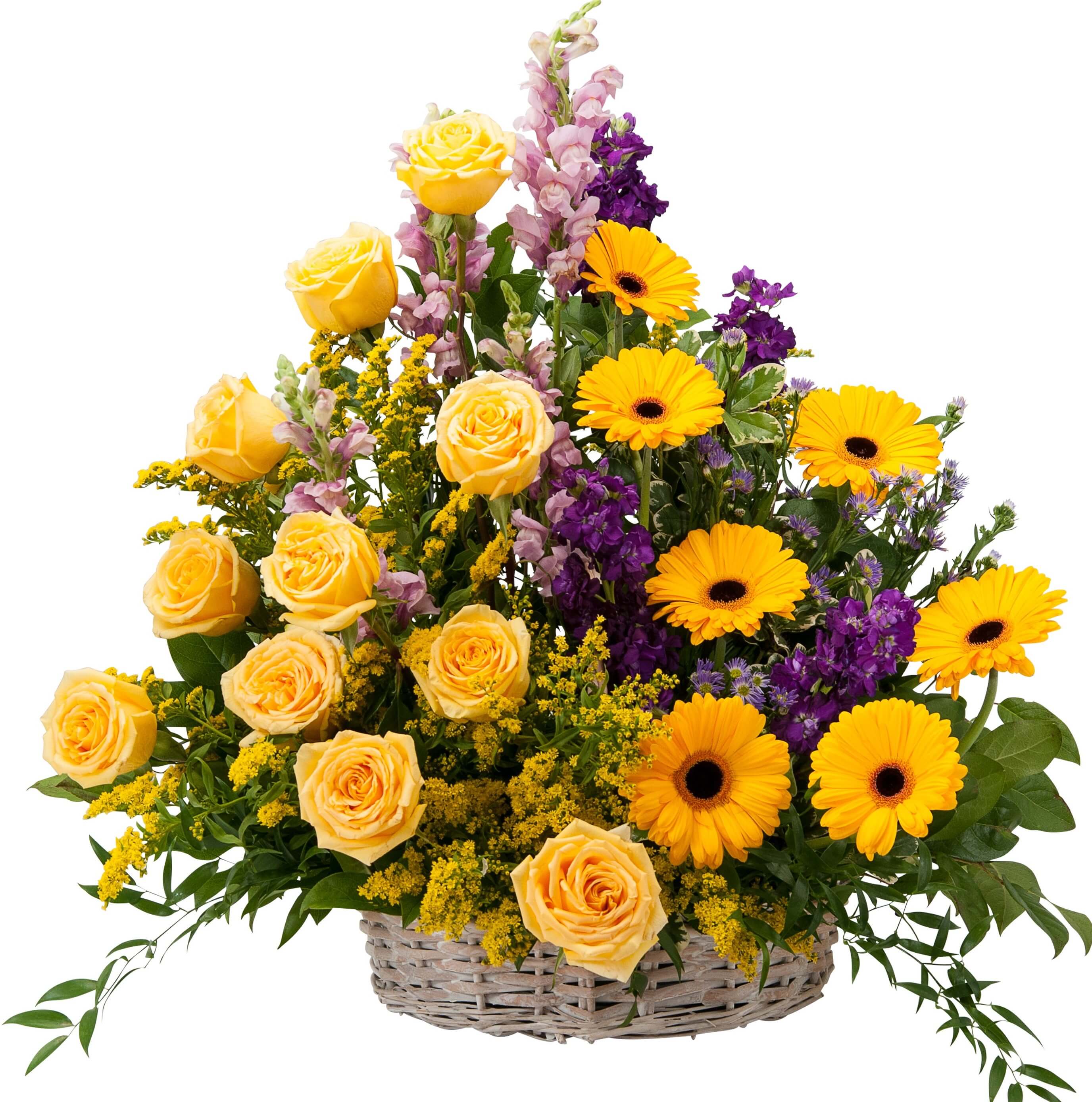 Vivid Memories basket Tribute  - A white wicker basket filled with a beautiful selection of yellow and purple blooms.