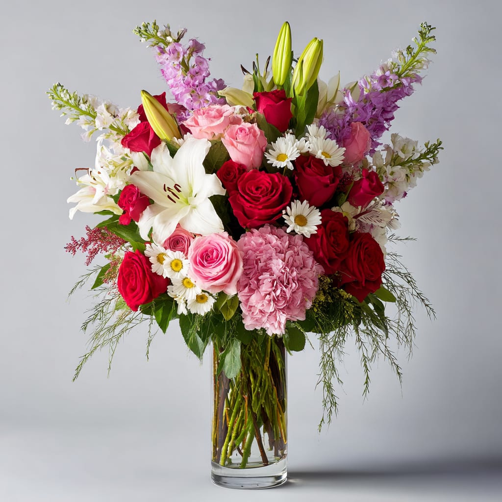 Moonlight Sonata - Moonlight Sonata is a stunning medley of romance and elegance. Deep red and blush roses mingle with crisp white lilies and soft pink hydrangeas, while sprigs of lavender and trailing greenery create a graceful, airy silhouette. Perfect for making hearts skip a beat.