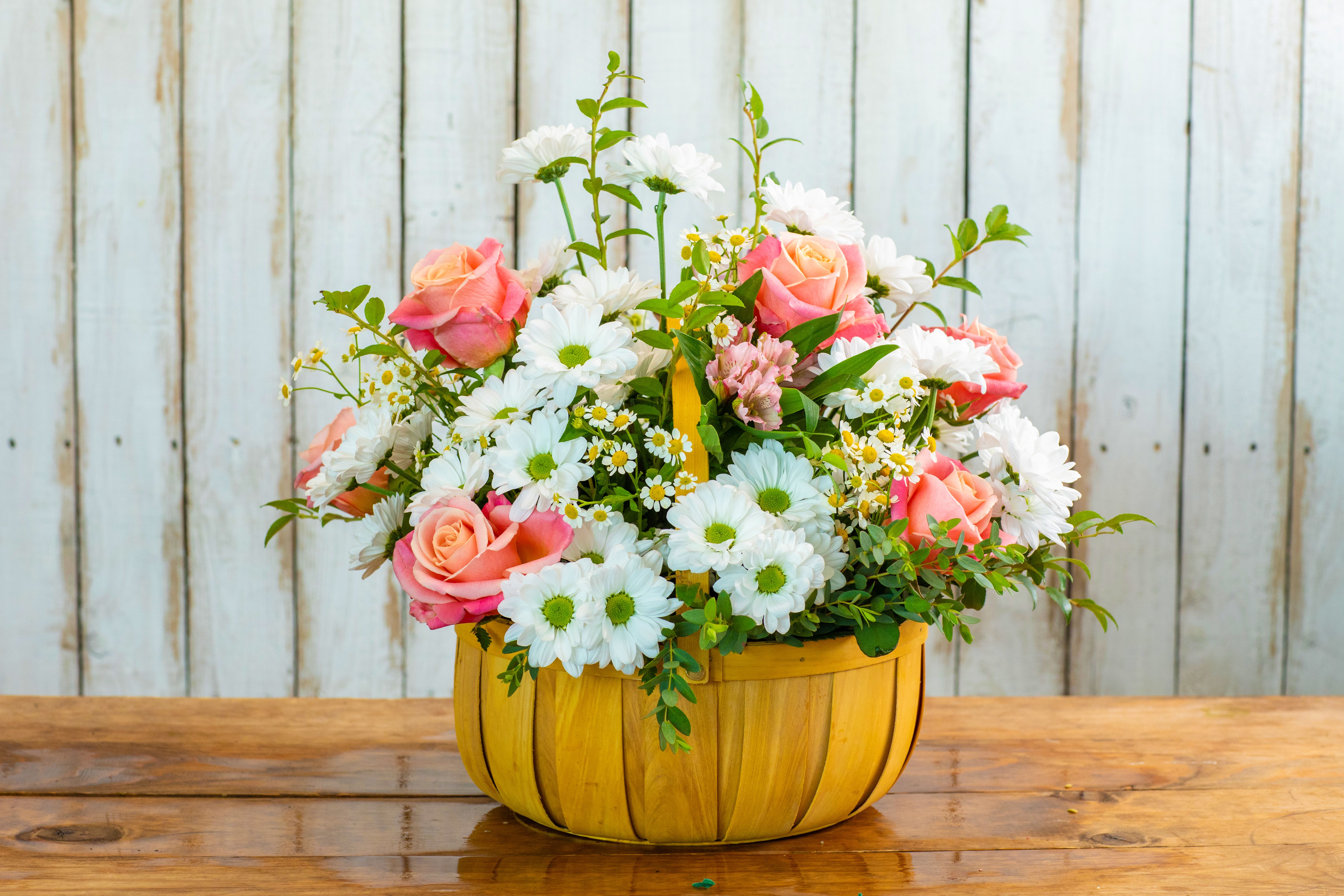 Summer Fun Florals - Make a dramatic and unforgettable statement with the spring basket, arrangement designed by your creative Rancho Cucamonga Florist best in the inland empire. This unique piece blends the deep romance of classic roses daisys, alstromeria designed in a handle basket. The design features brilliant red roses—symbols of profound love—paired with white dasiys. These beautiful blooms are accented with greens and filler fowers  As the leading Rancho Cucamonga flower shop, we make it simple to shop online for flowers that express major sentiment. This arrangement is an exceptional choice for a passionate anniversary gift, a chic birthday bouquet, or a magnificent corporate flower delivery.  We offer reliable same-day flower delivery throughout the entire Rancho Cucamonga area. Don't delay—order flowers now and trust our experts to deliver this spectacular, one-of-a-kind arrangement with care. Buy flowers online today with confidence from your dependable local Rancho Cucamonga Florist!